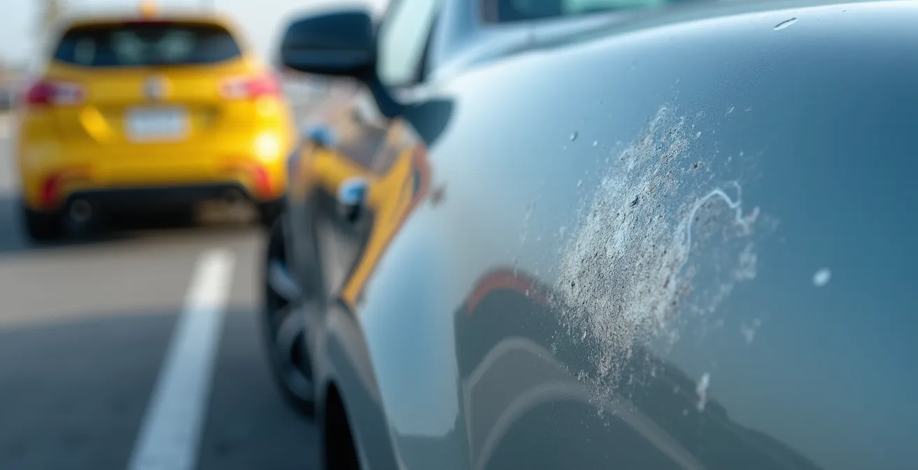 Nahaufnahme eines tiefen Kratzers in einer metallischen Autotür, der den Vandalismusschaden verdeutlicht.