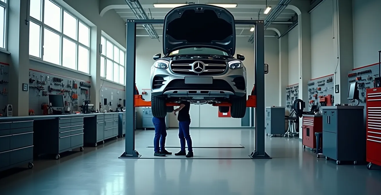 Moderne Werkstatt mit Mechaniker bei präziser Arbeit an Fahrzeug