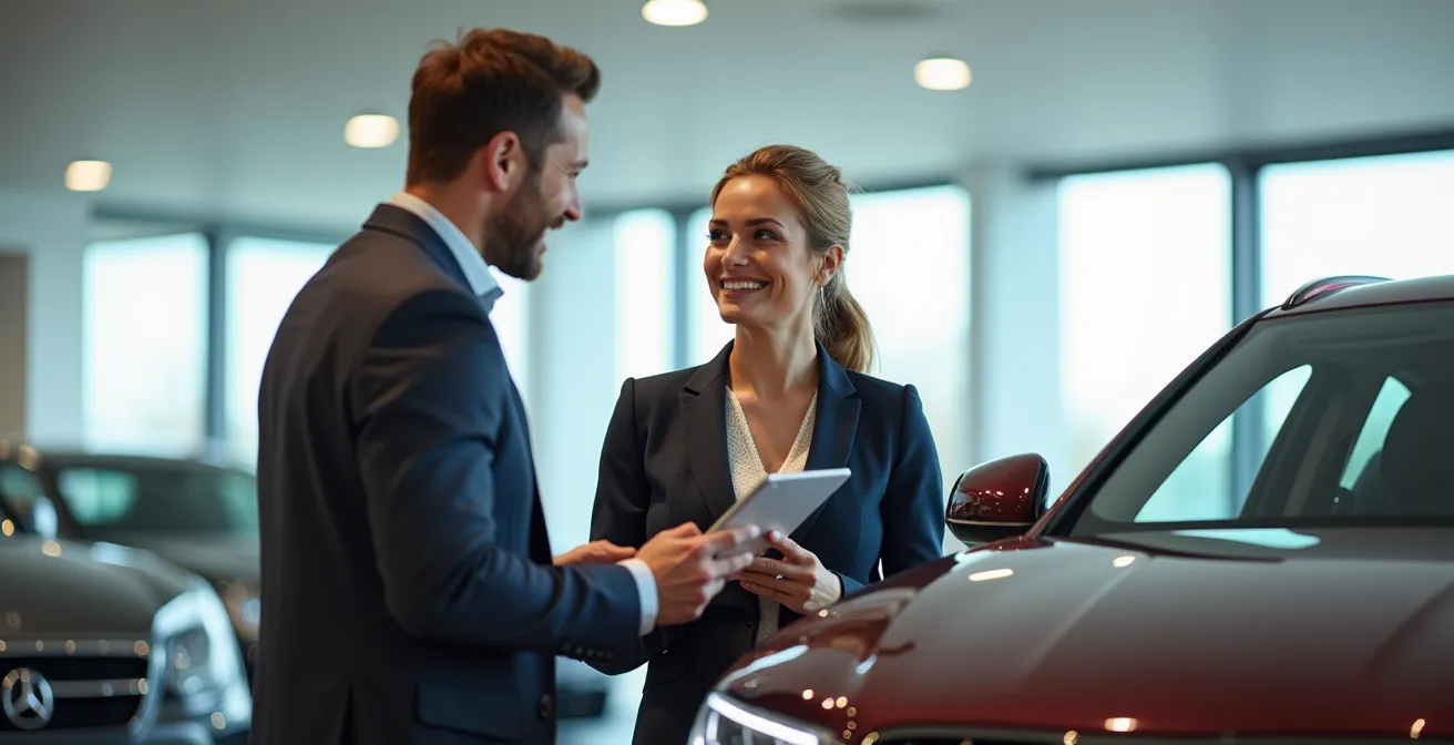 Ein Autoverkäufer zeigt einem zufriedenen Kunden Informationen auf einem Tablet, während beide vor einem modernen Auto stehen.